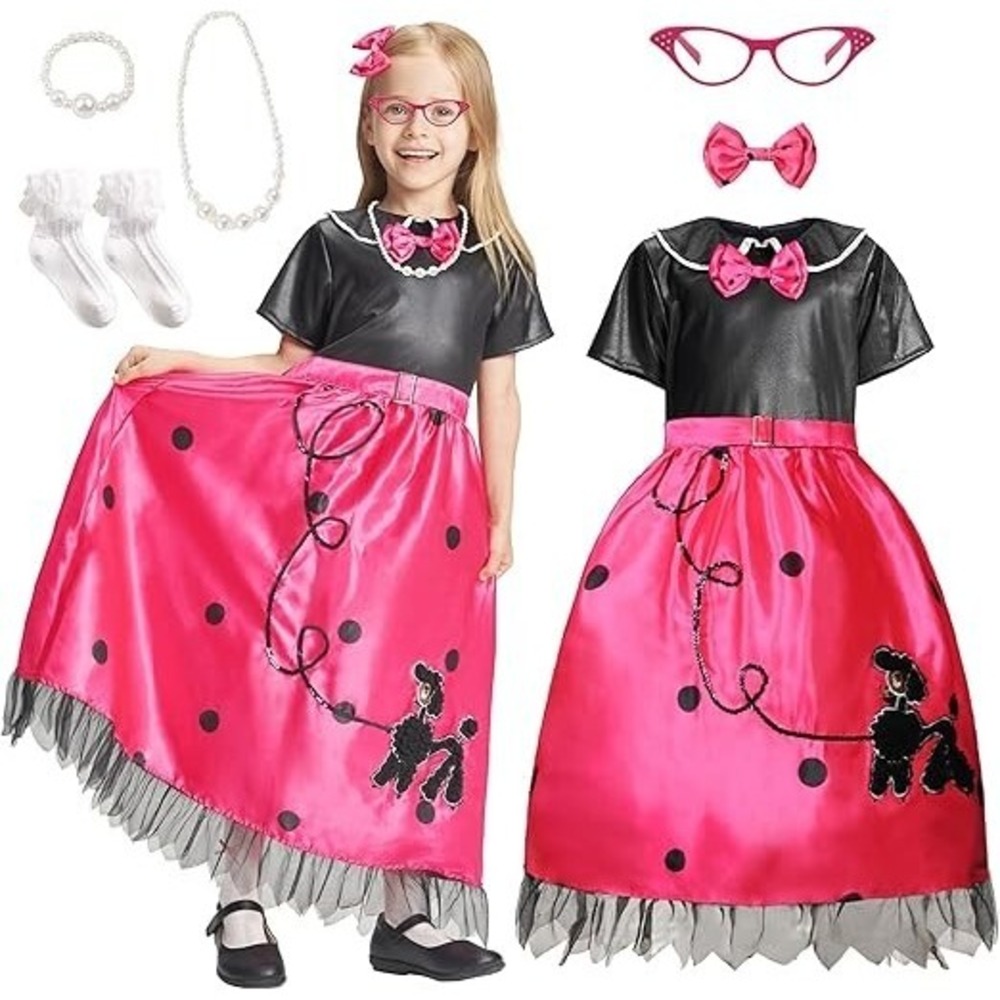 IKALI Kids Girls 50s Sock Hop Costume, Fancy Dress Poodle Skirt Outfit 7-8 Year